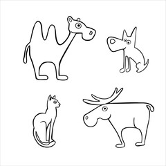 cartoon line sketch set  domestic and farm animals vector illustration