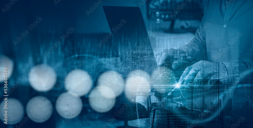 Leinwandbilder Double exposure of man using laptop smart city with internet network technology,Digital technology, internet network connection, futristic innovation technology.