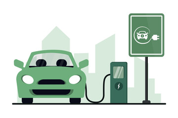 Illustration of electric vehicle charging station with a car on city view background. Charging electric car battery at electric recharge station. Сoncept illustration for green environment, ecology
