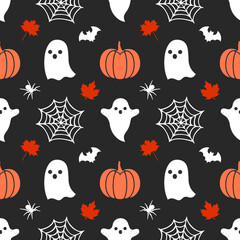 Gothic Halloween seamless pattern made up of pumpkins, ghosts, maple leaves, bats, spiders and web. Holiday endless pattern for printing on package, wrappers, envelopes, cards, clothes or accessories.