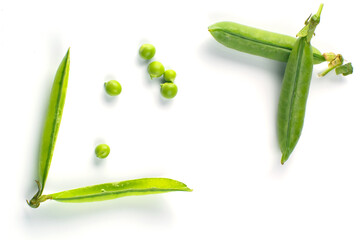 Pea pods on a white background, green peas in a pod