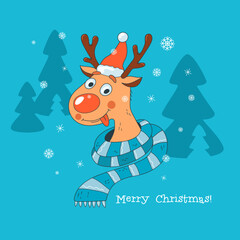 Cute and funny reindeer Santa Rudolph, merry christmas card