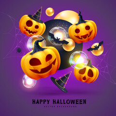 Obraz na płótnie Canvas Halloween holiday background with realistic 3D halloween pumpkins. Vector illustration
