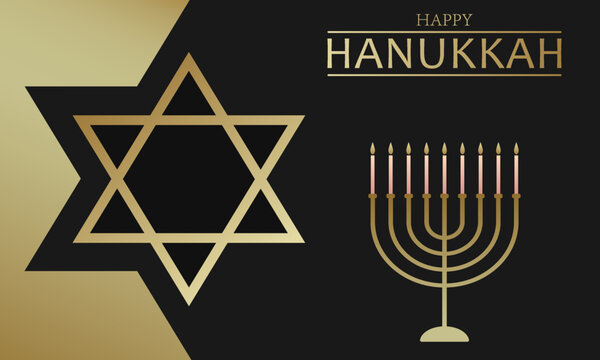 Celebration illustration with golden text Happy Hanukkah, chandelier and star of David on the black background for Hanukkah Jewish holiday. Luxury banner, wallpaper, card or poster.
