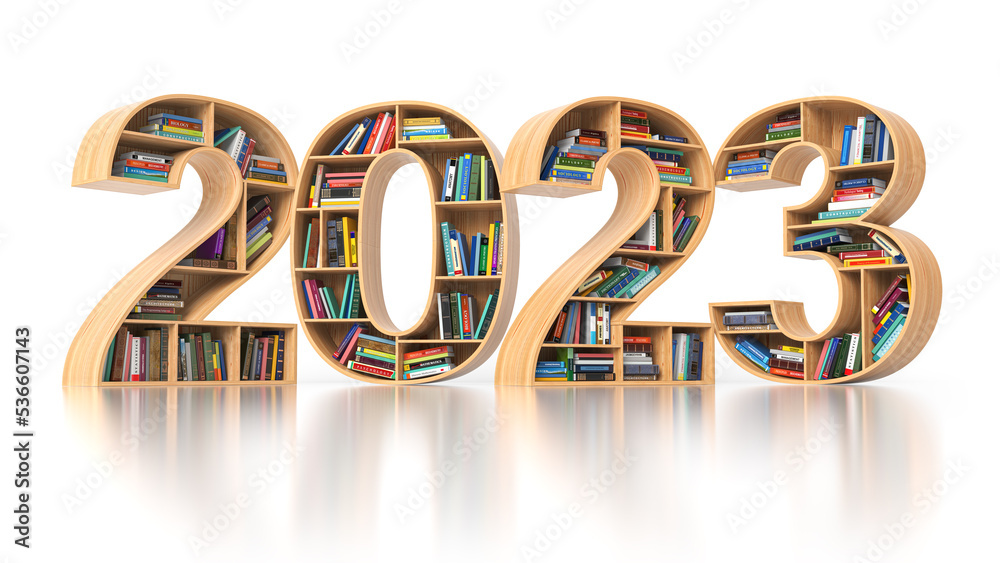 Poster happy 2023 new year education concept. bookshelves with books in the form of text 2023.
