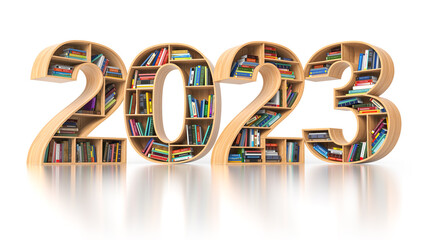 Happy 2023 new year education concept. Bookshelves with books in the form of text 2023.