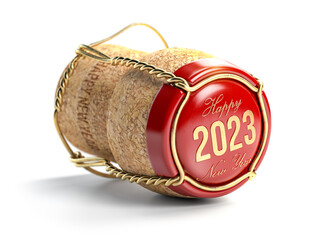 2023 Happy new year champaign cork cap isolated on white.