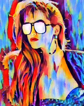 A beautiful woman with long hair  and wearing huge eyeglasses is seen in this watercolor painting that is a colorful abstract work of art.