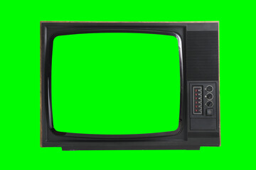 Old vintage TV with green screen for adding video isolated on green background.Vintage TVs 1960s 1970s 1980s 1990s 2000s. 