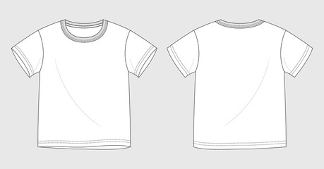 Vector editable CAD technical drawing fashion sketch white short sleeve crew neck t-shirt with neck rib and back neck binding - front and back view template for design. - obrazy, fototapety, plakaty