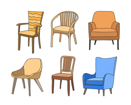 Chair colorful doodle illustrations collection in vector. Chair colorful icons set in vector. Chair illustrations collection in vector