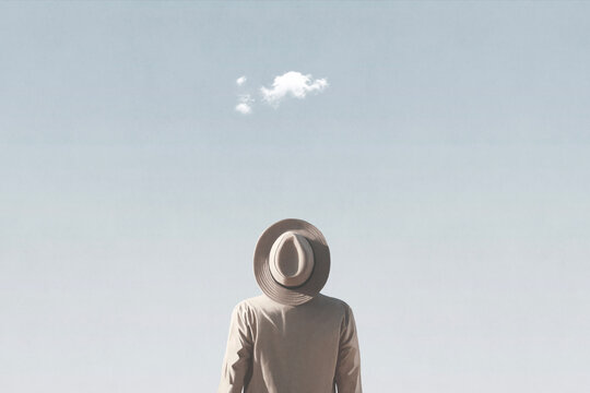 Illustration of man with cloud over his head, surreal abstract concept