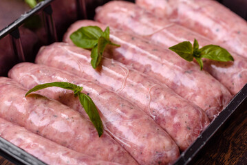Raw sausages with ingredients on a cutting board on a dark concrete background with copy space