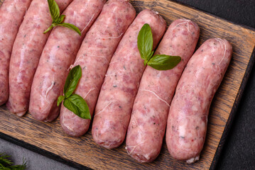 Raw sausages with ingredients on a cutting board on a dark concrete background with copy space