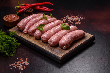 Raw sausages with ingredients on a cutting board on a dark concrete background with copy space