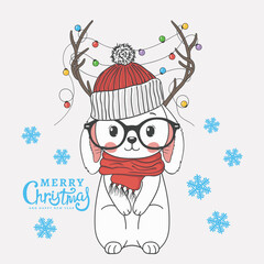 Cute rabbit with deer horns, christmas garland, knitted hat, scarf. Christmas card. New Year. Season's Greetings