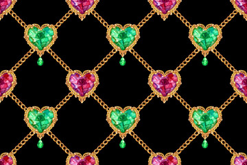 Seamless pattern of brooches in the form of hearts and gold chains on a black background, watercolor illustration, print for fabric and other surfaces. - 536616137