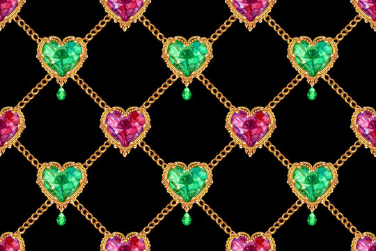 Seamless pattern of brooches in the form of hearts and gold chains on a black background, watercolor illustration, print for fabric and other surfaces.