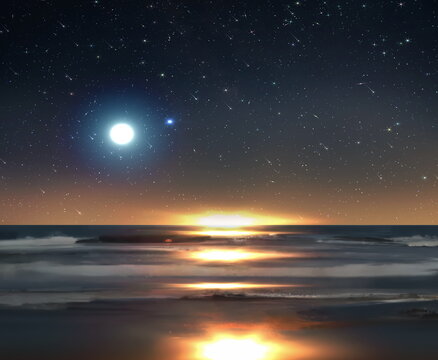 sunset reflection at sea water beach sand night blue starry sky and moon , nebula on sea beautiful seascape milky way universe template background copy space © Irina
