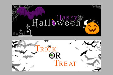 Halloween banner, party invitation concept background. Holiday design with bats, spider, cobweb, pumpkin, lettering font text. Paper cut style. Vector illustration