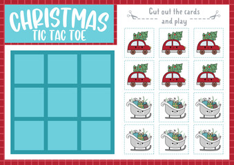 Vector Christmas tic tac toe chart with sledge, car, fir tree. New Year board game playing field with cute kawaii characters. Funny winter holiday printable worksheet. Noughts and crosses grid .