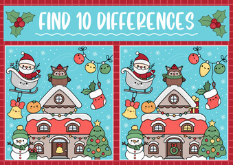 Christmas find differences game for children. Attention skills activity with cute Santa Claus, house, tree, snowman. New Year puzzle for kids. Printable what is different worksheet.