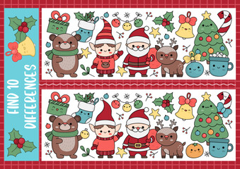 Christmas find differences game for children. Attention skills activity with cute Santa Claus, elf, deer, tree. New Year puzzle for kids with funny characters. Printable what is different worksheet.