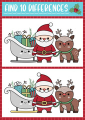 Christmas find differences game for children. Attention skills activity with cute Santa Claus, sledge, deer. New Year puzzle for kids with funny characters. Printable what is different worksheet.