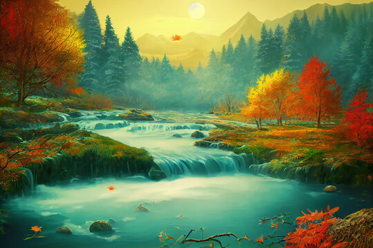 autumn landscape with lake and forest