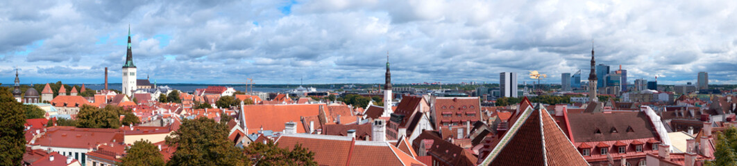 Bird view of historic city center of Tallinn, Estonia. Autumn trees, towers and orange tile roofs...