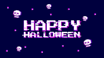 Happy halloween vector illustration. Rich violet background with halloween text and skulls in glich error style. Template banner for website, poster or stream.