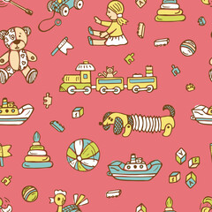 Doodle Toys seamless pattern. Colorful Kids background. Endless wallpaper.