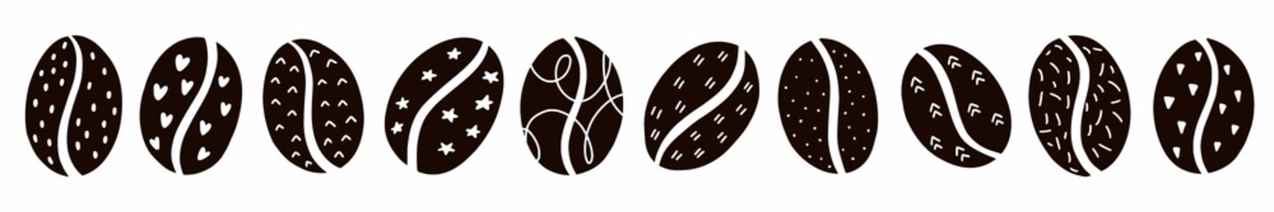 Horizontal illustration of coffee beans with an ornament hand-drawn in the style of a doodle