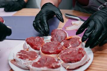 Cooking minion steak at a cooking class. Homemade food.