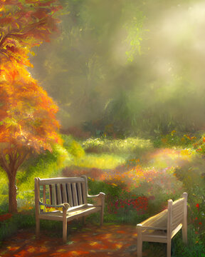 A 3d digital rendering of an autumn garden with benches in the sunshine.