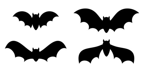 Vector set of bats. Black silhouette illustration isolated on white background. For halloween design, greeting card