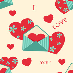 Seamless love pattern. I love You seamless background from hearts, flowers and a beautiful postcard. vector illustration