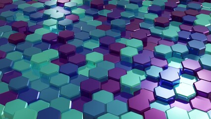 Abstract composition of colorful hexagonal forms, good for general backgrounds, 3D rendering