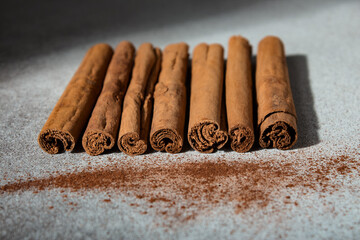 Ground Ceylon cinnamon sprinkled in front of real cinnamon sticks on a light background
