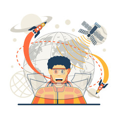 Concept of a world control center on earth and in space in the future. Cyberpunk operator. Male from the future sits at the control panel for information data. Rockets, spacecraft fly in space