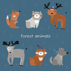Cute vector forest animals Christmas winter illustrations of fox, bear, dear, wolf Hand drawn flat cliparts Child t shirt design idea