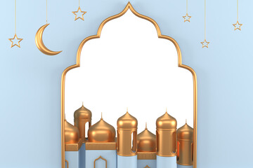 Ramadan Kareem Greeting elements background Islamic with decorative mosque , crescent moon and arch .   3d illustrator modern design. Gifts for holidays.