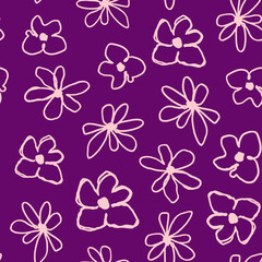 Simple, doodled floral seamless repeat pattern. Random placed, hand drawn, vector flowers all over surface print on purple background.