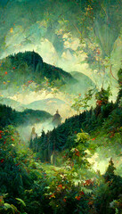 Beautiful happy forest with trees illustration