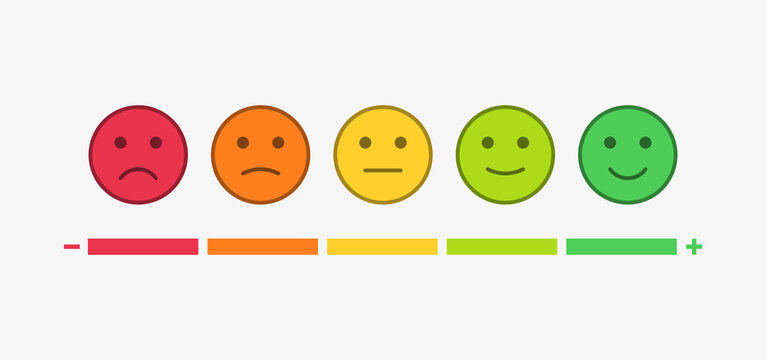 Feedback emoji slider or emoticon level scale for rating emojis happy smile neutral sad angry emotions. five facial expression emojis. feedback emoticons
