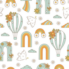 Seamless pattern retro 70s hippie. Psychedelic groove elements. Background with rainbow and dove in vintage style. Illustration with positive symbols for wallpaper, fabric, textiles. Vector - 536620997