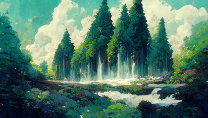 Beautiful happy forest with trees illustration