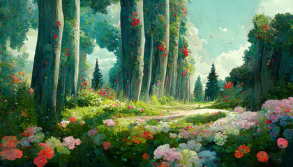 Beautiful happy forest with trees and flowers illustration