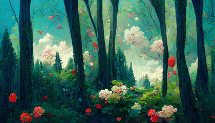 Beautiful happy forest with trees and flowers illustration