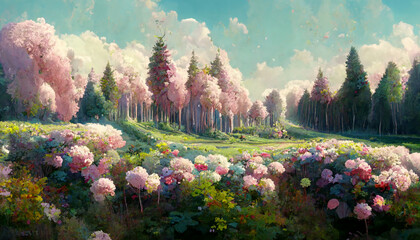 Beautiful happy forest with pink trees and flowers illustration